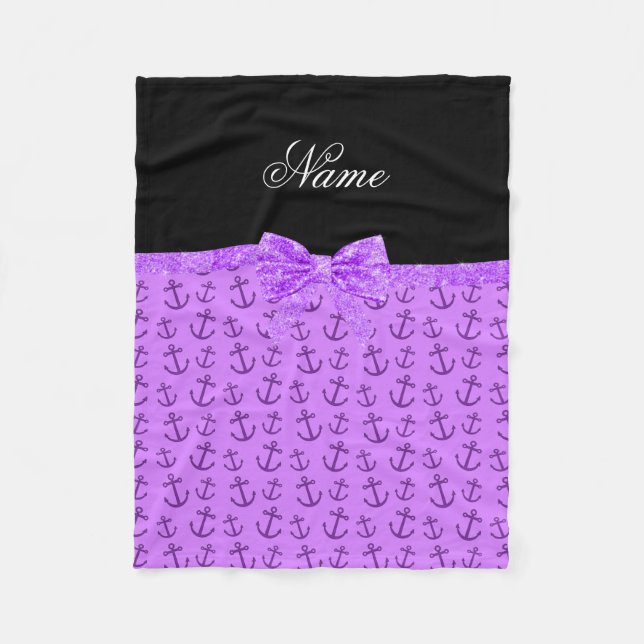 Personalised name pastel purple anchors bow fleece blanket (Front)