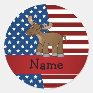 Personalised name Patriotic moose Classic Round Sticker