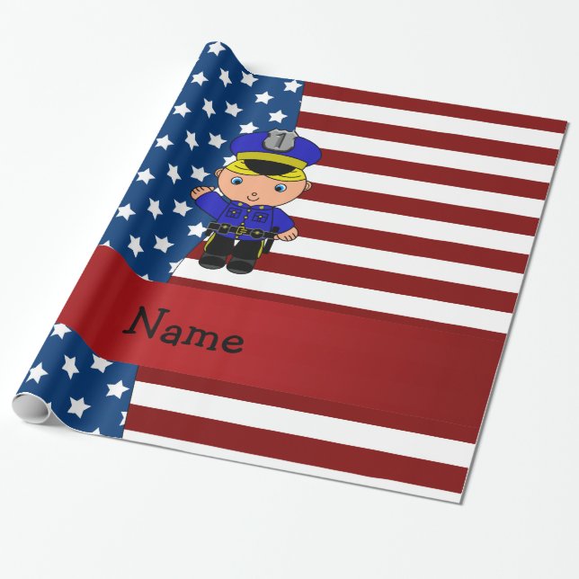 Personalised name Patriotic policeman Wrapping Paper (Unrolled)