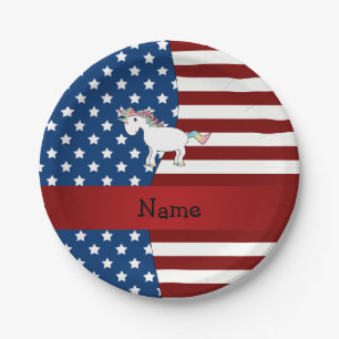 Personalised name Patriotic unicorn Paper Plate