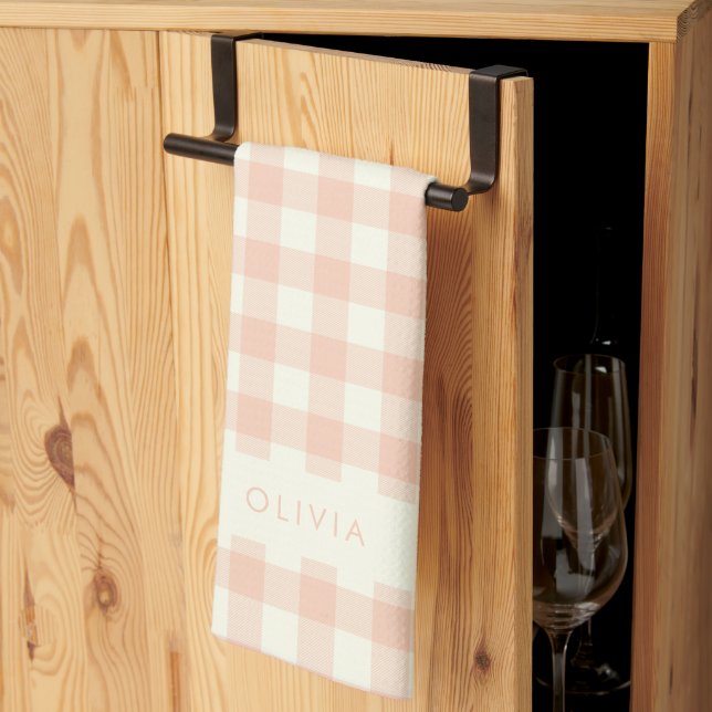 Personalised Name Peach Gingham Check Plaid Rustic Tea Towel (Thirds Fold)