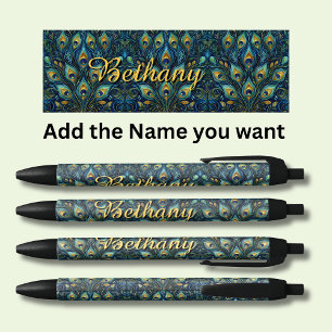 Personalised Name Peacock Feathers Black Ink Pen