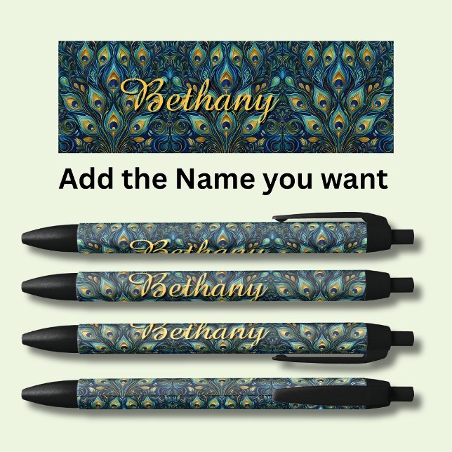 Personalised Name Peacock Feathers Black Ink Pen (Creator Uploaded)