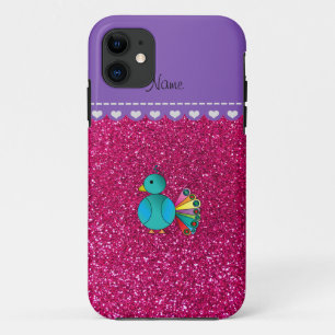Personalised name peacock neon hot pink glitter iPhone 11 case