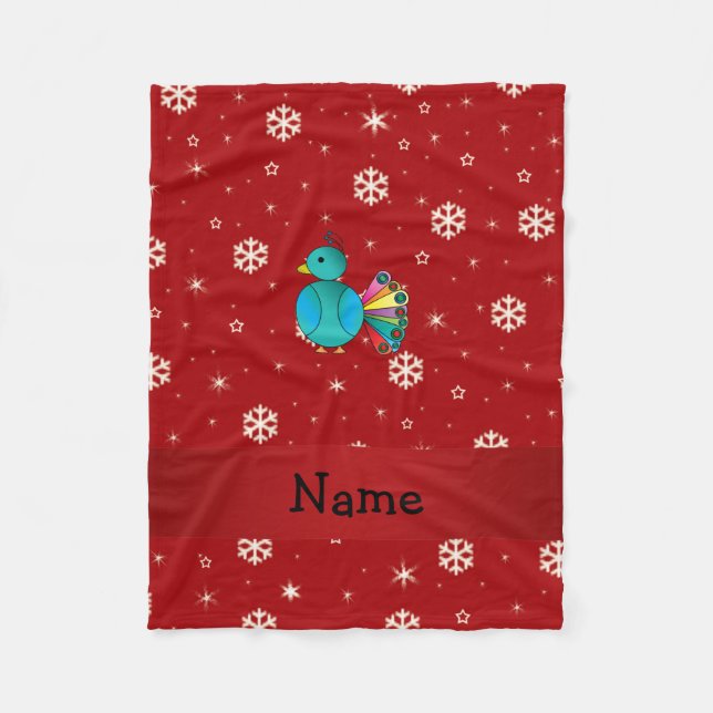 Personalised name peacock red snowflakes fleece blanket (Front)