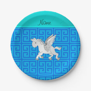 Personalised name pegasus blue greek key paper plate