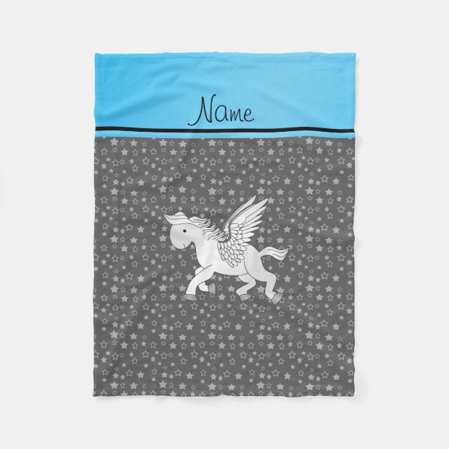 Personalised name pegasus grey stars fleece blanket (Front)