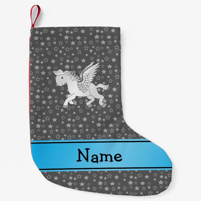 Personalised name pegasus grey stars small christmas stocking (Front)