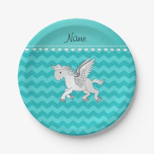 Personalised name pegasus turquoise chevrons paper plate