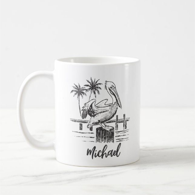 Personalised Name Pelican On A Post Palm Tree  Coffee Mug (Left)