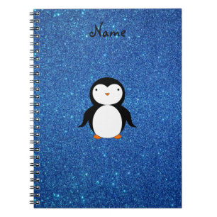 Personalised name penguin blue glitter notebook