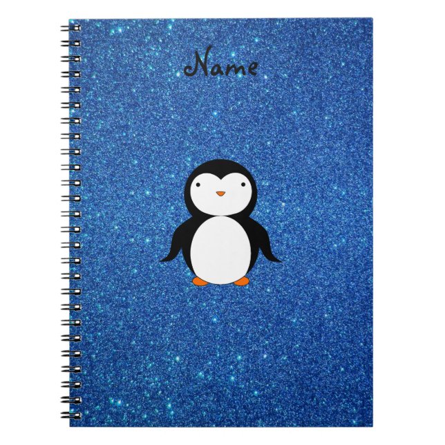 Personalised name penguin blue glitter notebook (Front)