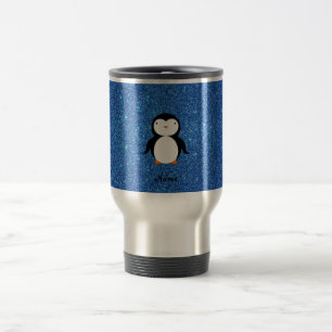 Personalised name penguin blue glitter travel mug