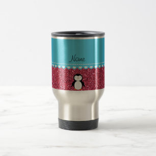 Personalised name penguin fuchsia pink glitter travel mug