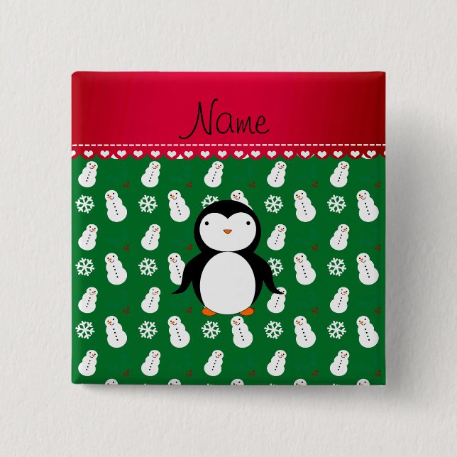 Personalised name penguin green snowmen snowflakes 15 cm square badge (Front)