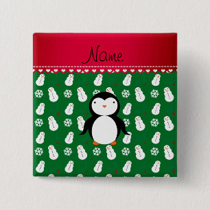 Personalised name penguin green snowmen snowflakes 15 cm square badge