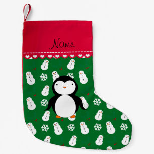 Personalised name penguin green snowmen snowflakes small christmas stocking