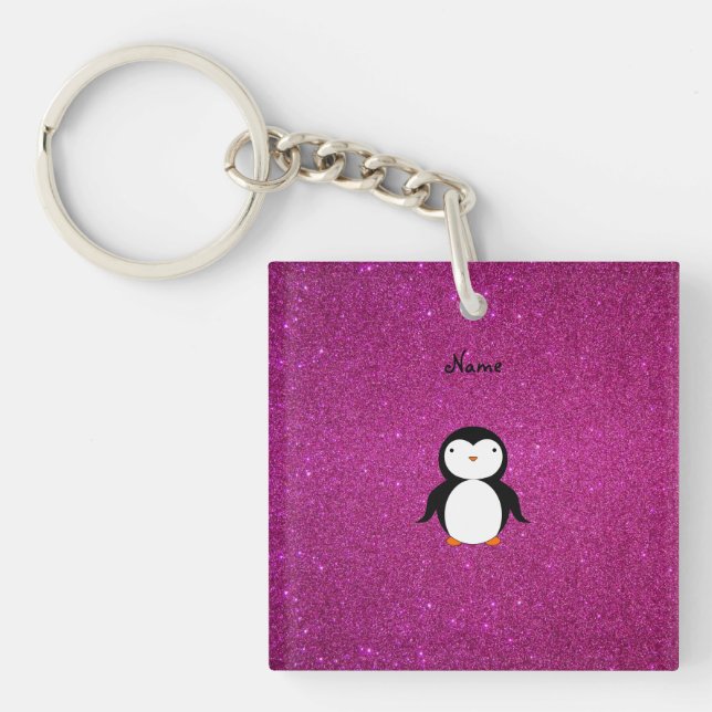 Personalised name penguin pink glitter key ring (Front)