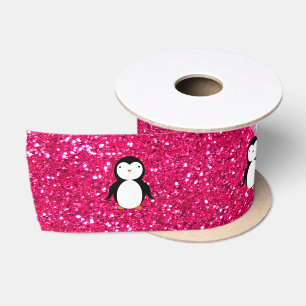 Personalised name penguin pink glitter satin ribbon