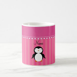 Personalised name penguin pink stripes coffee mug
