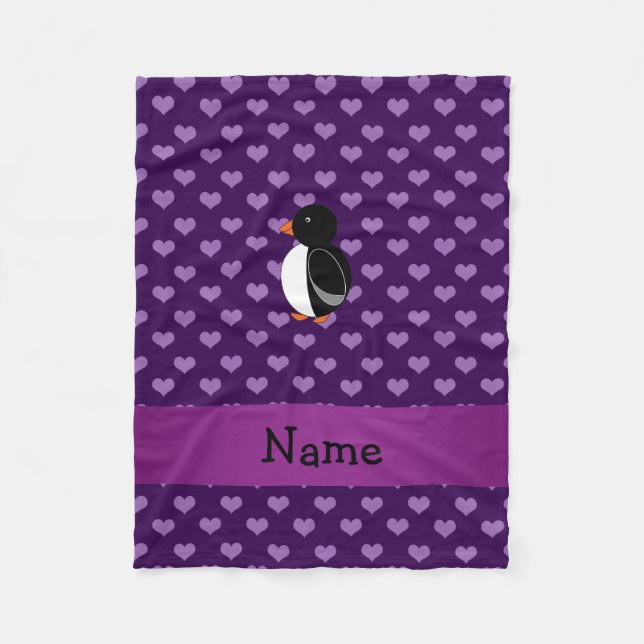Personalised name penguin purple hearts fleece blanket (Front)
