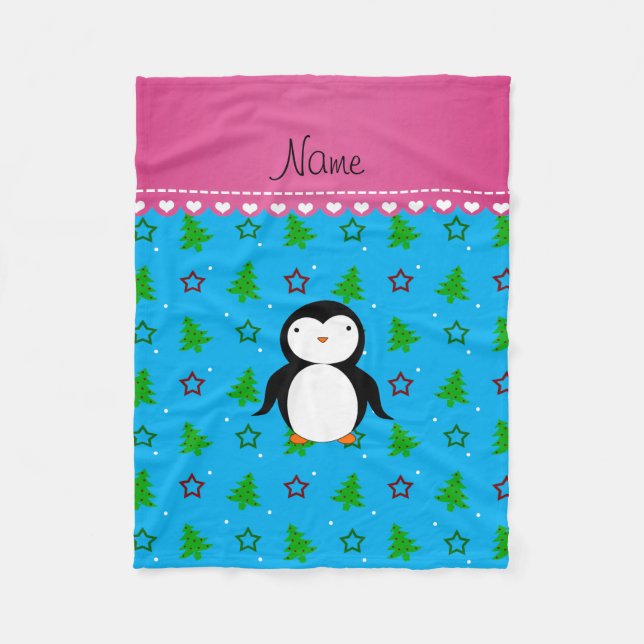 Personalised name penguin sky blue trees stars fleece blanket (Front)