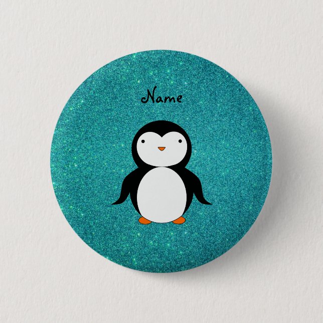 Personalised name penguin turquoise glitter 6 cm round badge (Front)