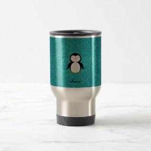 Personalised name penguin turquoise glitter travel mug