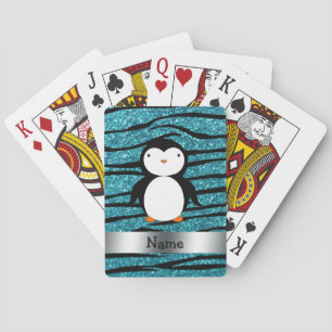 Personalised name penguin turquoise glitter zebra playing cards