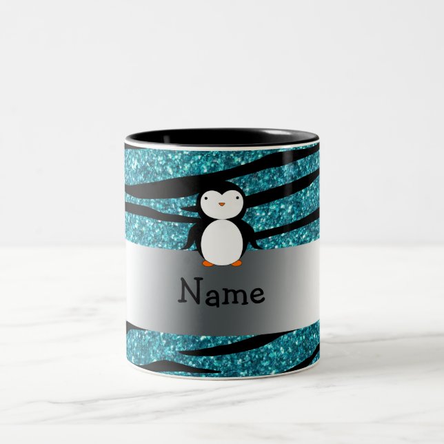 Personalised name penguin turquoise glitter zebra Two-Tone coffee mug (Center)