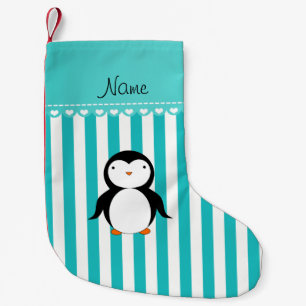 Personalised name penguin turquoise white stripes small christmas stocking