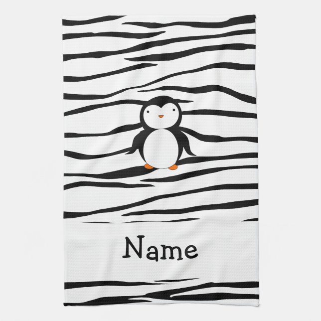 Personalised name penguin zebra stripes tea towel (Vertical)