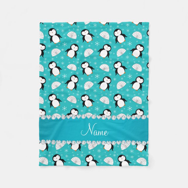 Personalised name penguins igloos snowflakes fleece blanket (Front)