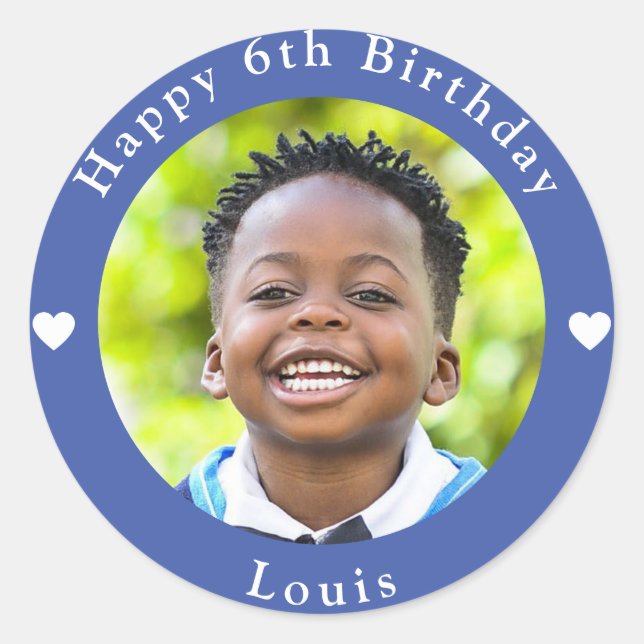 Personalised Name, Photo And Age Birthday Blue Classic Round Sticker (Front)