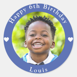 Personalised Name, Photo And Age Birthday Blue Classic Round Sticker
