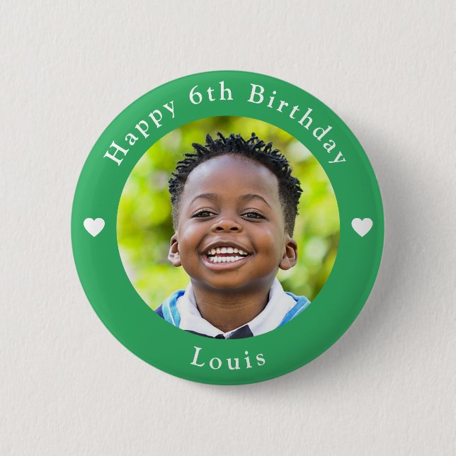 Personalised Name, Photo And Age Birthday Green 6 Cm Round Badge (Front)