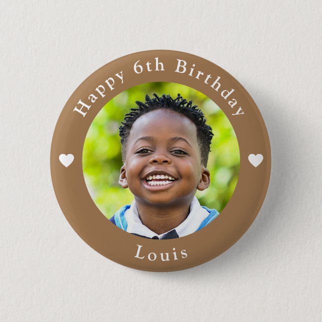 Personalised Name, Photo And Age Birthday Peanut 6 Cm Round Badge (Front)