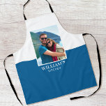 Personalised Name Photo Blue White Modern Apron<br><div class="desc">Create your own photo apron! A stylish template personalised with a favourite photograph and name. Custom aprons are a great gift for friends and family,  and a useful accessory in the kitchen! Printed colours: blue and white.</div>