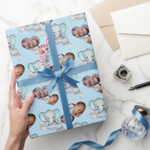 Personalised Name & Photo Elephant Baby Boy Blue Wrapping Paper