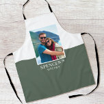 Personalised Name Photo Grey Green Modern Apron<br><div class="desc">Create your own photo apron! A stylish template personalised with a favourite photograph and name. Custom aprons are a great gift for friends and family,  and a useful accessory in the kitchen! Printed colours: grey green and white.</div>