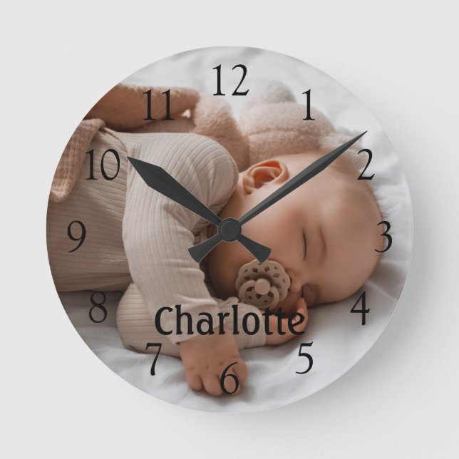 Personalised Name Photo Large Black Numbers Round Clock (Front)