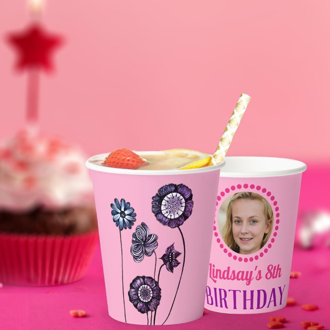 Personalised Name & Photo Pink Floral Birthday Paper Cups (Creator Uploaded)