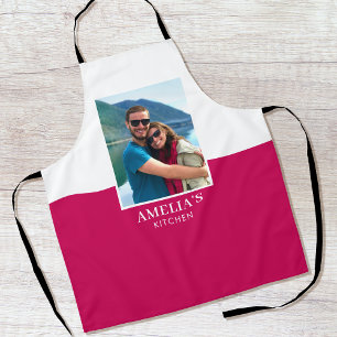 Personalised Name Photo Pink White Modern Apron