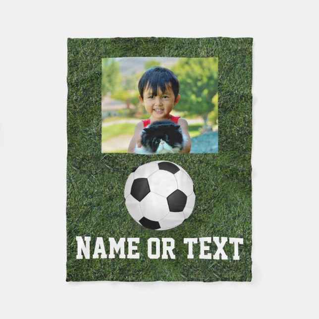 Personalised Name Photo Soccer Grass Boys Fleece Blanket (Front)