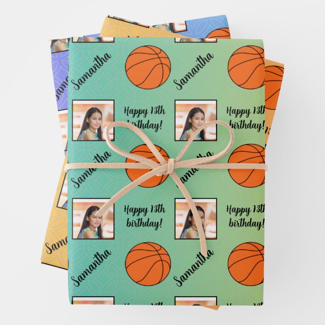 Personalised Name Photo Sport Basketball Birthday Wrapping Paper Sheet (In situ)