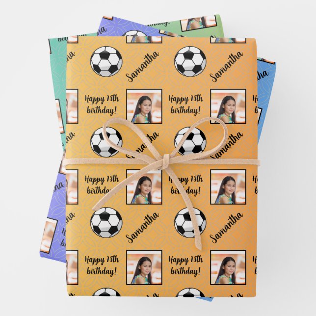 Personalised Name Photo Sport Soccer Birthday Wrapping Paper Sheet (In situ)