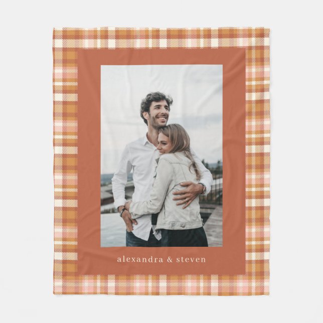 Personalised Name Photo Warm Earthy Gingham Plaid  Fleece Blanket (Front)