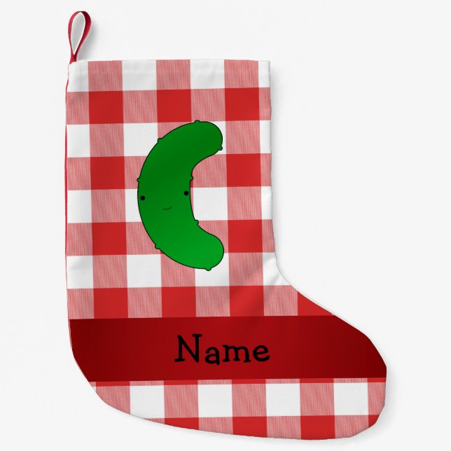 Personalised name pickle red white checkers small christmas stocking (Front)