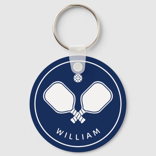 Personalised Name Pickleball Navy Blue & White Key Ring (Front)