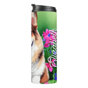 Personalised Name Picturesque Floral Corgi Thermal Tumbler